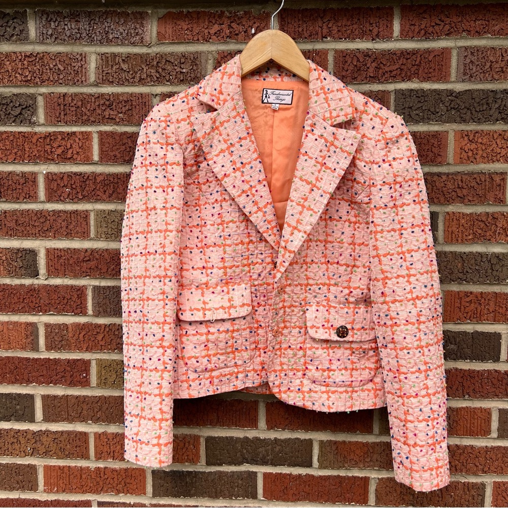 Fundamental Thing Pink and Orange Multicolored Jeweled Button Tweed Blazer